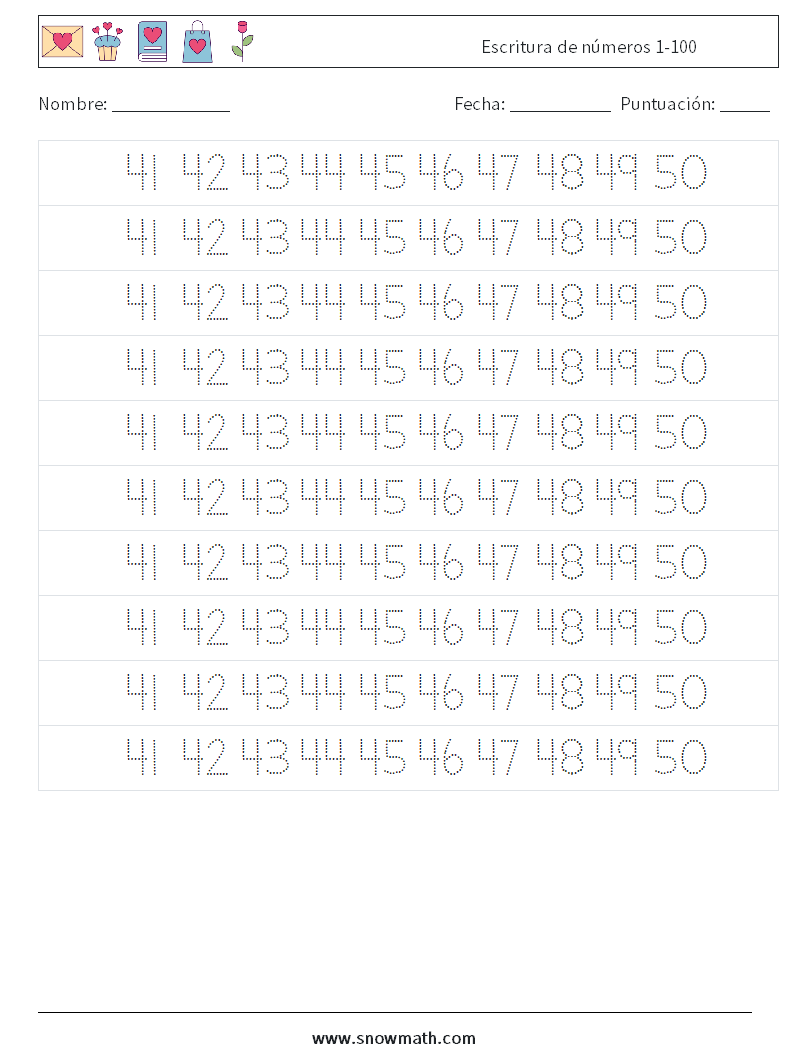 Escritura de números 1-100 Hojas de trabajo de matemáticas 29