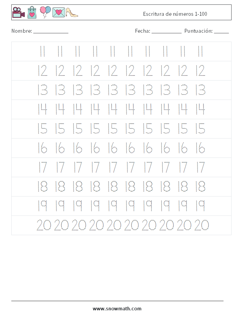 Escritura de números 1-100 Hojas de trabajo de matemáticas 3