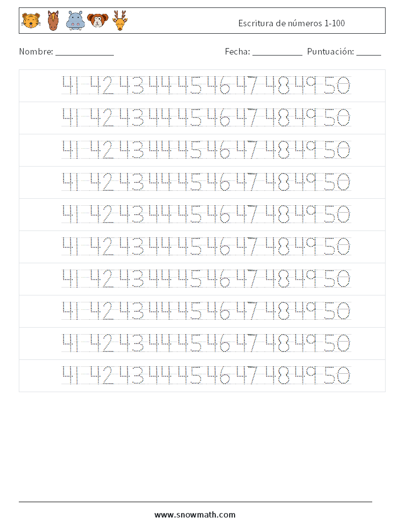 Escritura de números 1-100 Hojas de trabajo de matemáticas 30