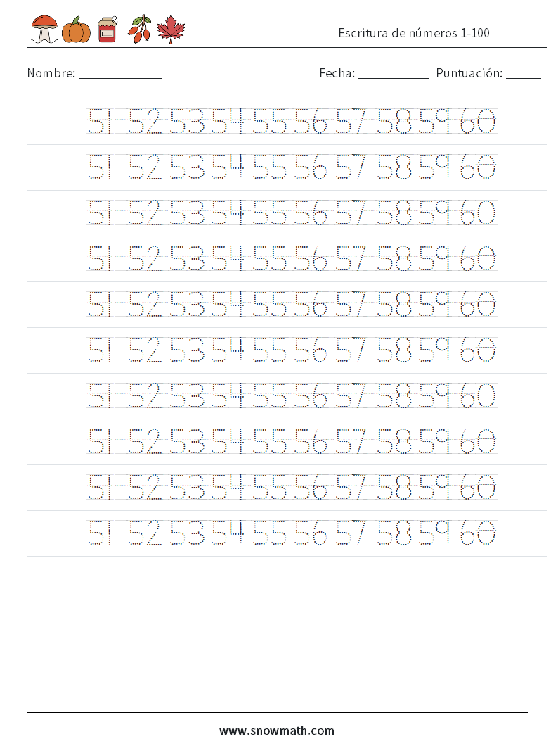 Escritura de números 1-100 Hojas de trabajo de matemáticas 32