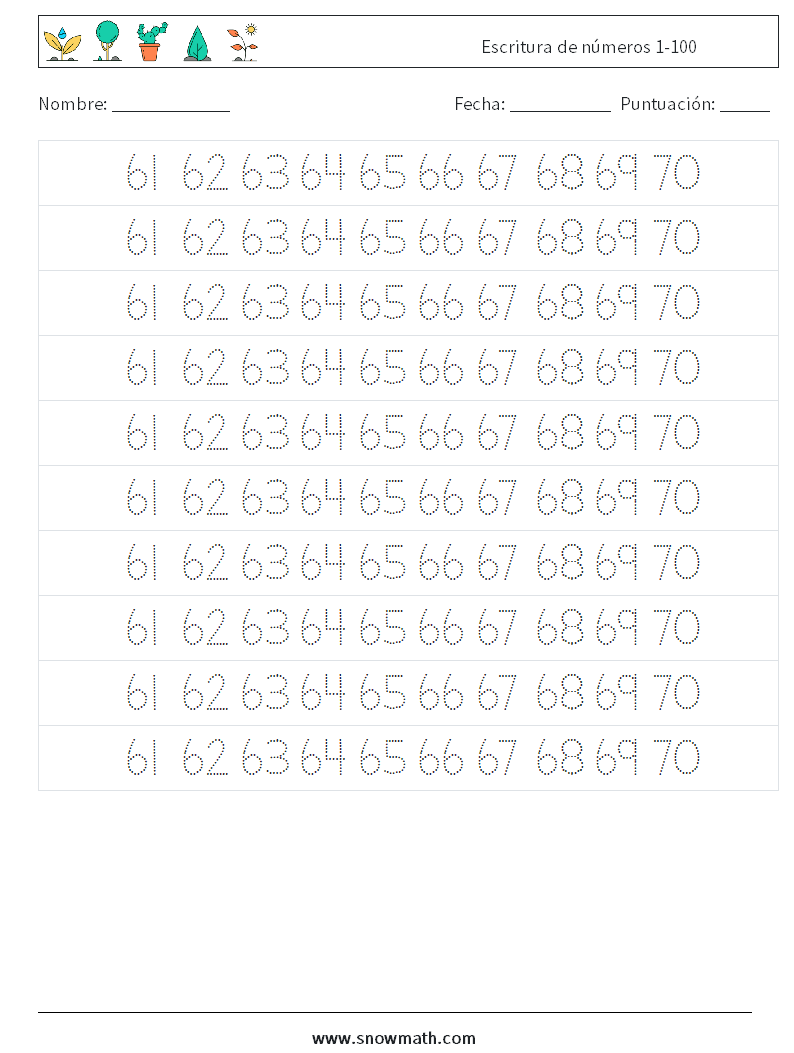 Escritura de números 1-100 Hojas de trabajo de matemáticas 33