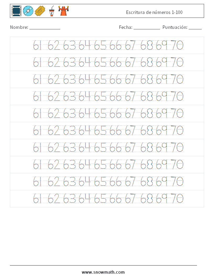 Escritura de números 1-100 Hojas de trabajo de matemáticas 34