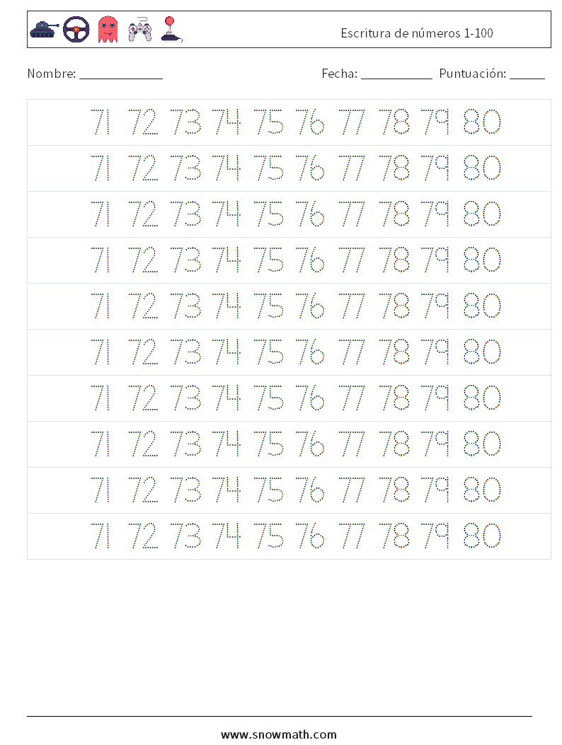 Escritura de números 1-100 Hojas de trabajo de matemáticas 35