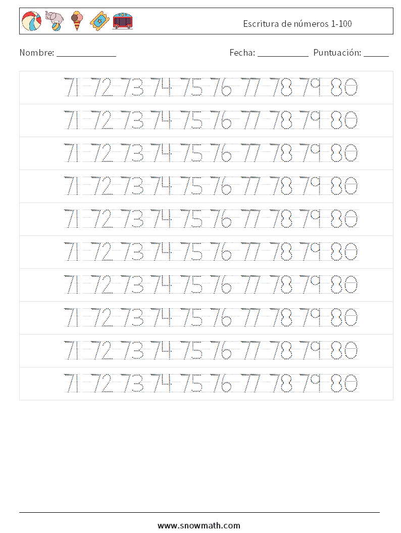 Escritura de números 1-100 Hojas de trabajo de matemáticas 36