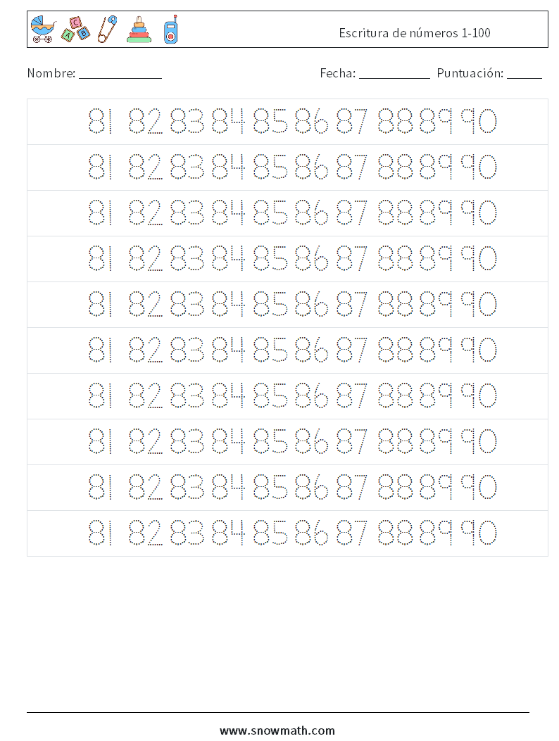 Escritura de números 1-100 Hojas de trabajo de matemáticas 37