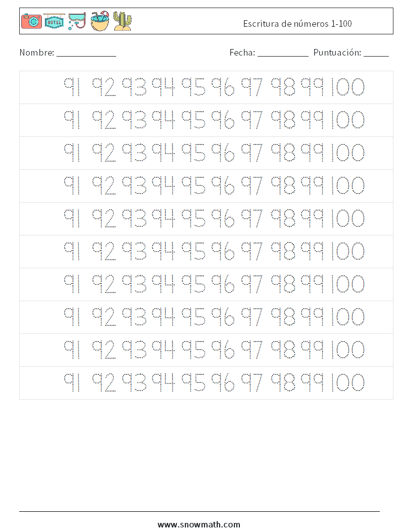 Escritura de números 1-100 Hojas de trabajo de matemáticas 39