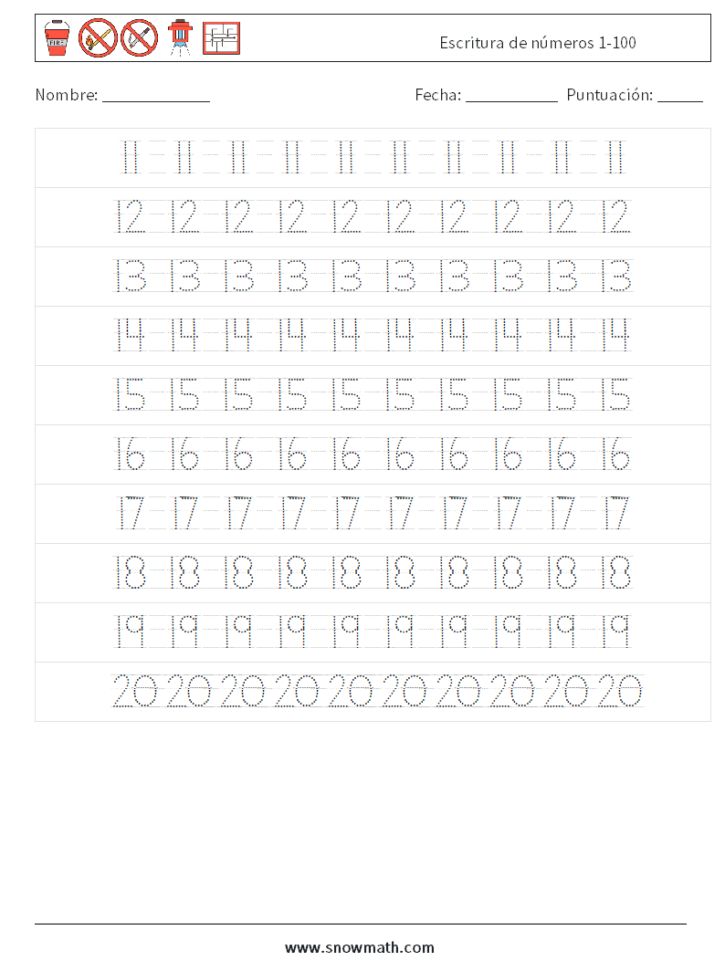 Escritura de números 1-100 Hojas de trabajo de matemáticas 4