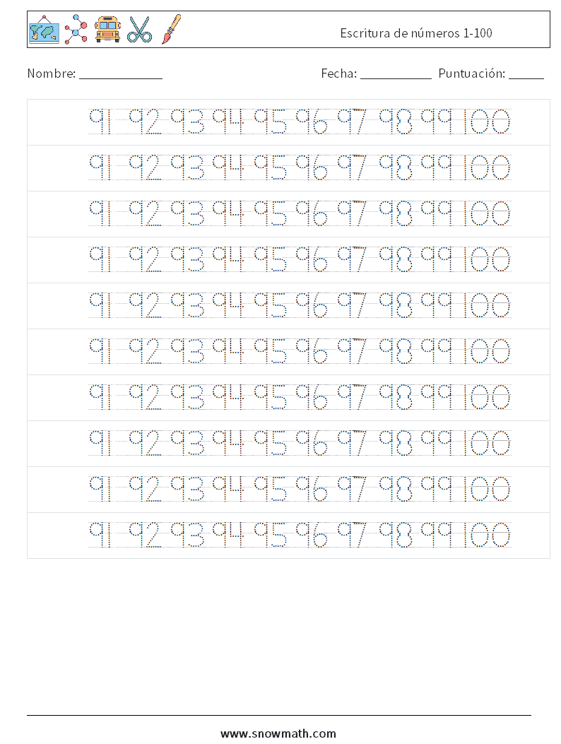 Escritura de números 1-100 Hojas de trabajo de matemáticas 40