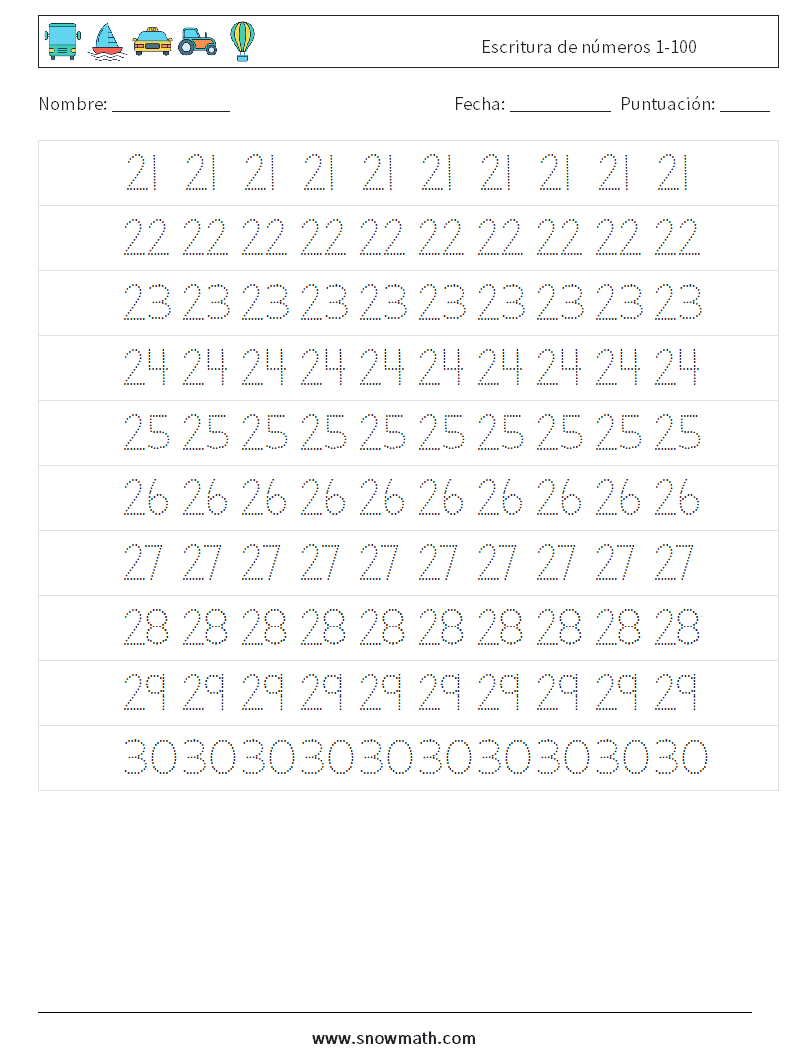 Escritura de números 1-100 Hojas de trabajo de matemáticas 5