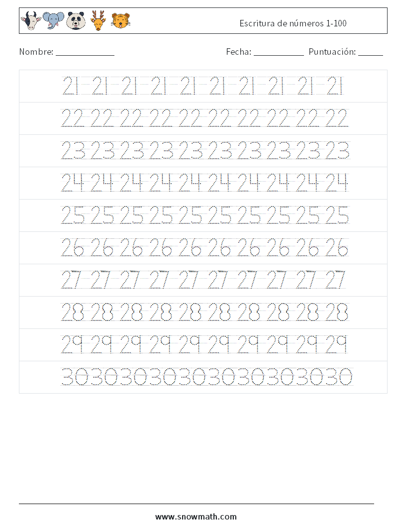 Escritura de números 1-100 Hojas de trabajo de matemáticas 6