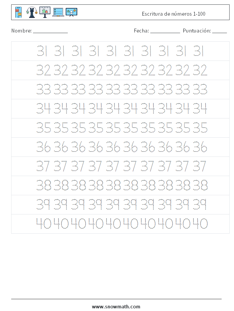 Escritura de números 1-100 Hojas de trabajo de matemáticas 7