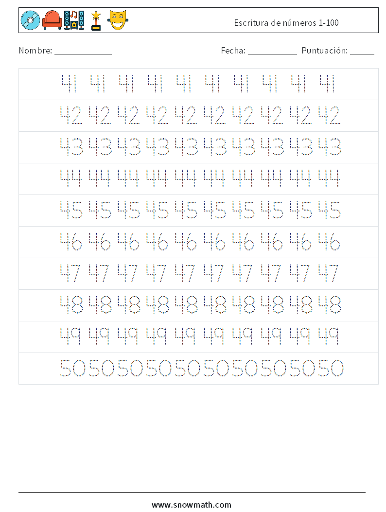 Escritura de números 1-100 Hojas de trabajo de matemáticas 9