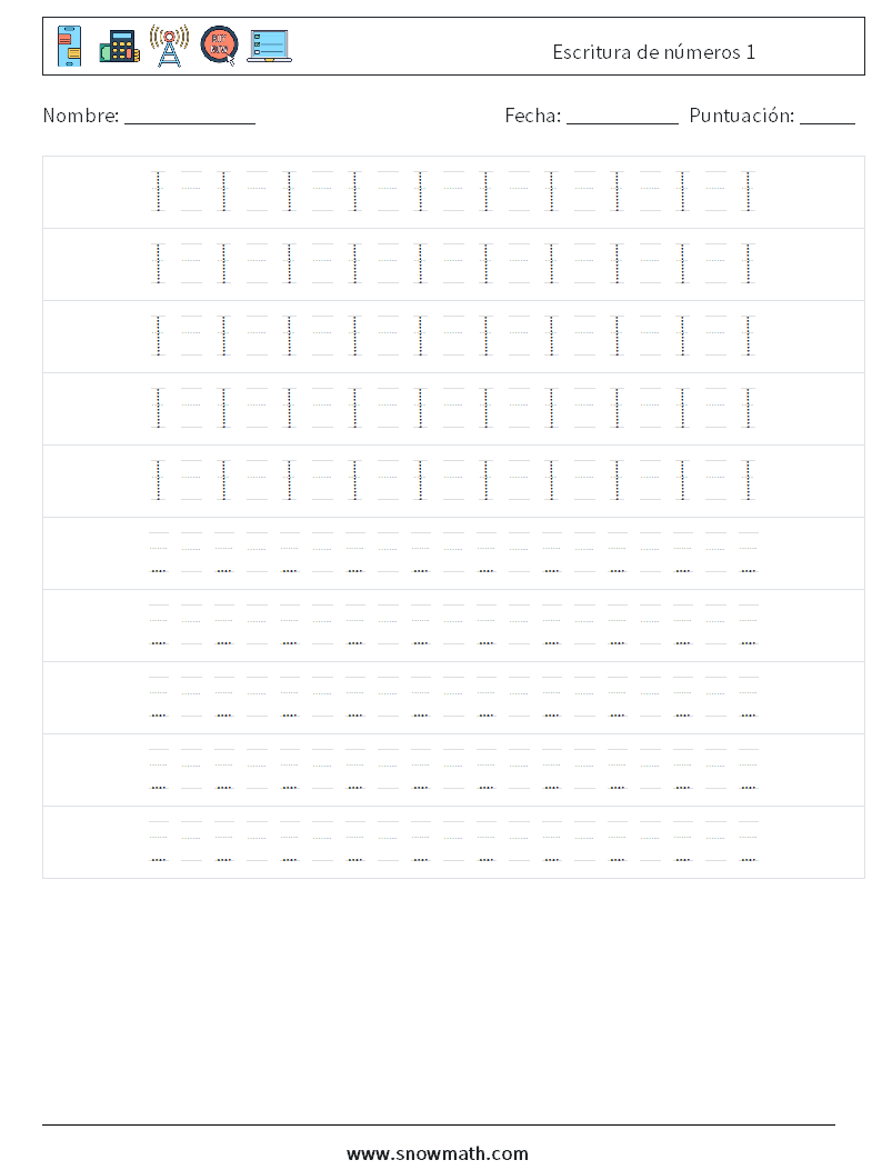 Escritura de números 1 Hojas de trabajo de matemáticas 16