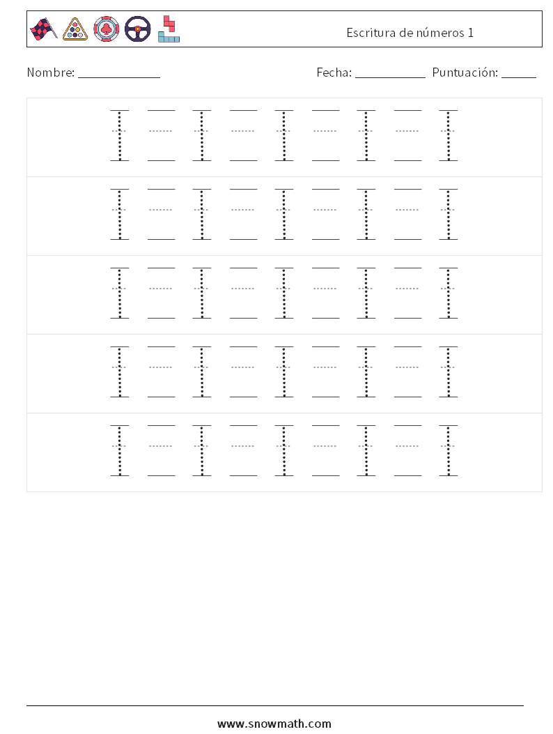 Escritura de números 1 Hojas de trabajo de matemáticas 22