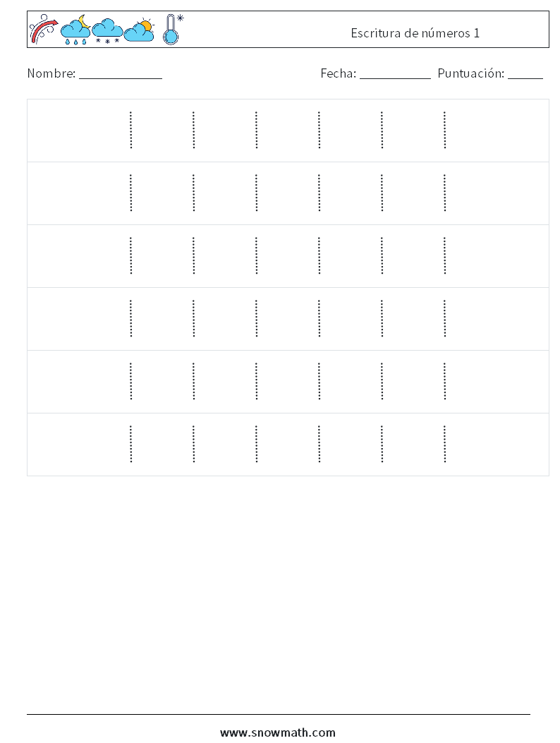 Escritura de números 1 Hojas de trabajo de matemáticas 6