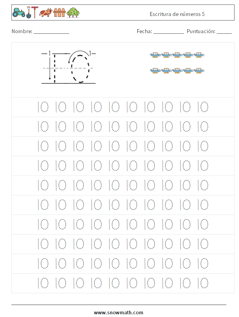 Escritura de números 5 Hojas de trabajo de matemáticas 1