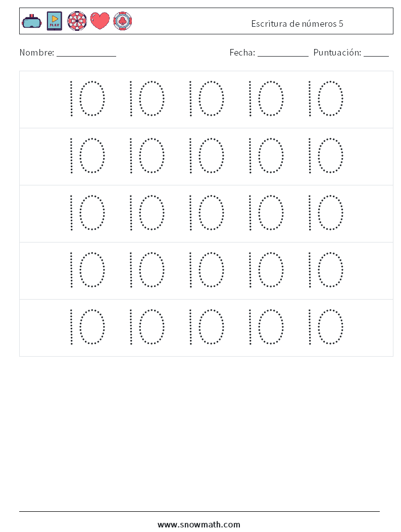 Escritura de números 5 Hojas de trabajo de matemáticas 10