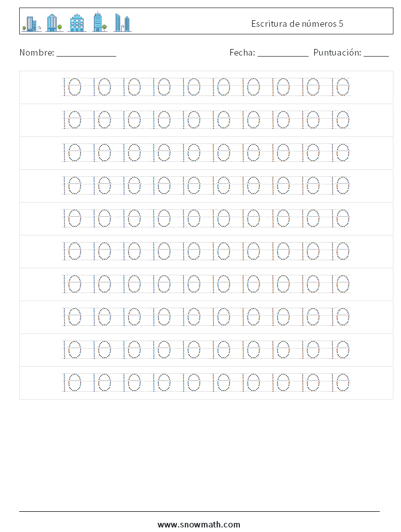 Escritura de números 5 Hojas de trabajo de matemáticas 14