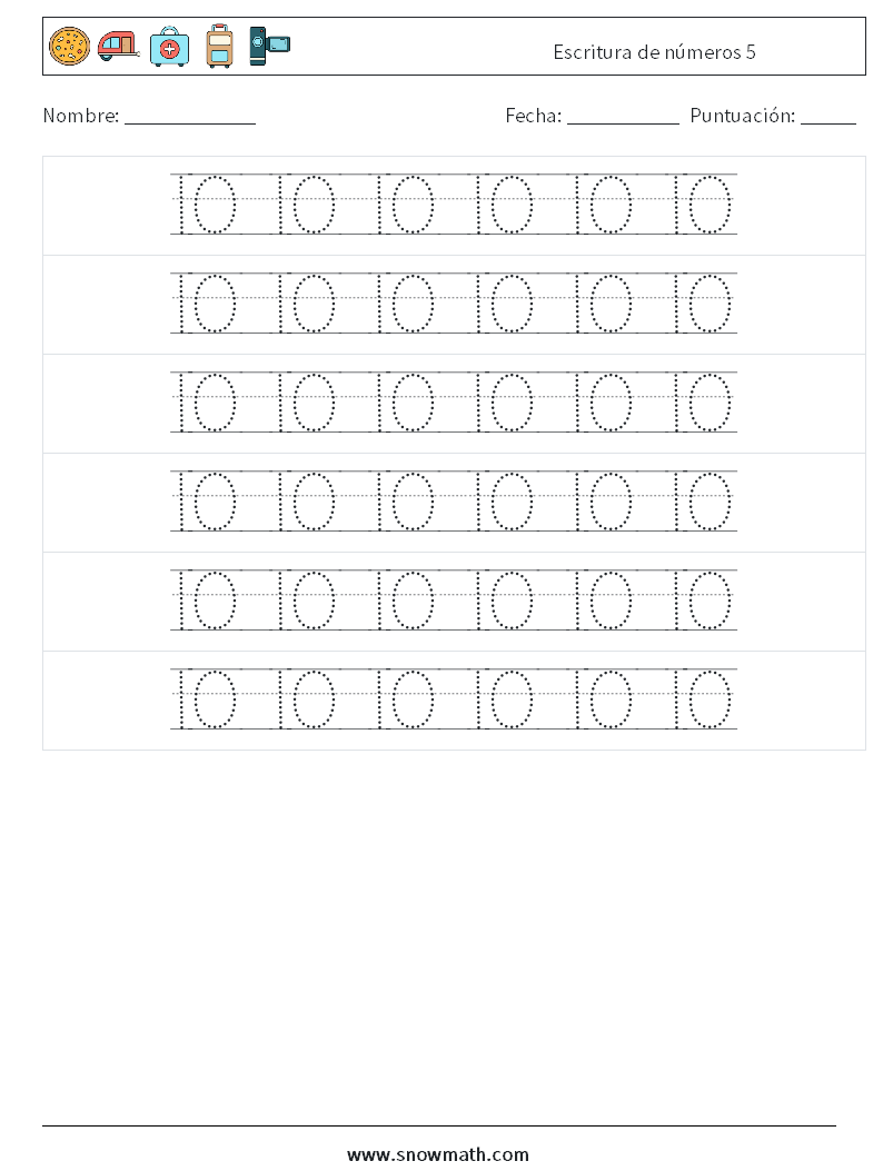 Escritura de números 5 Hojas de trabajo de matemáticas 18