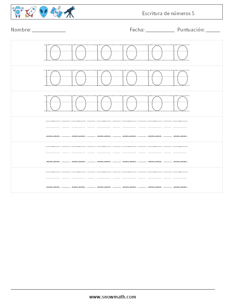 Escritura de números 5 Hojas de trabajo de matemáticas 20