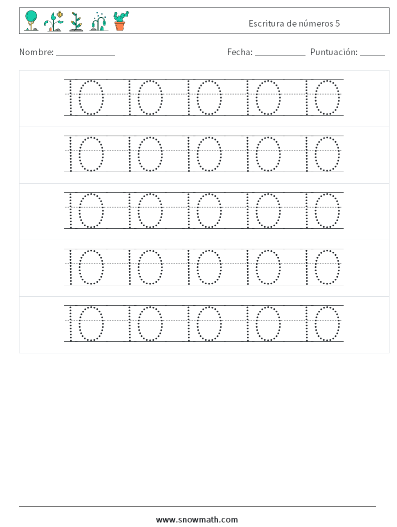 Escritura de números 5 Hojas de trabajo de matemáticas 22