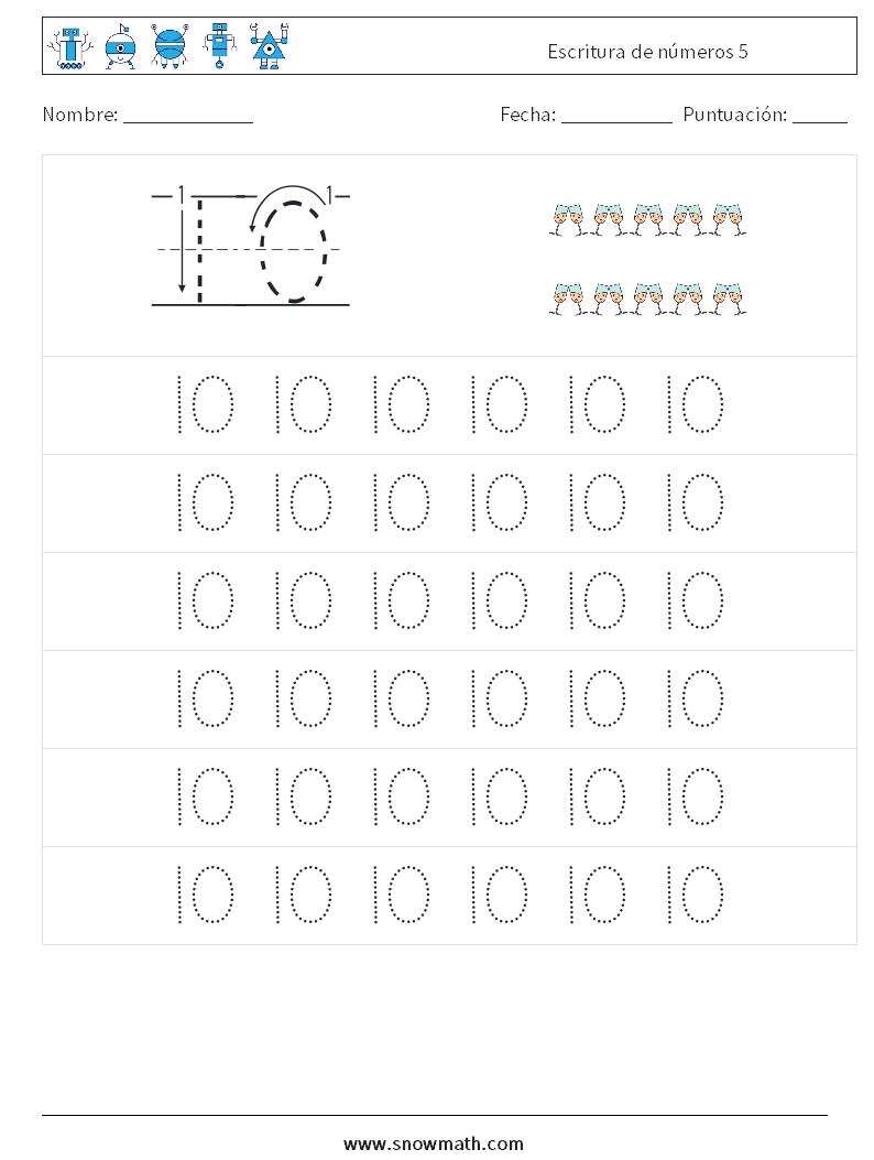 Escritura de números 5 Hojas de trabajo de matemáticas 5