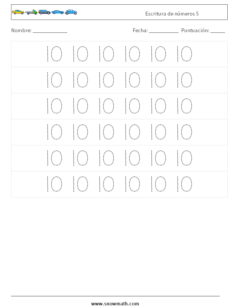 Escritura de números 5 Hojas de trabajo de matemáticas 6