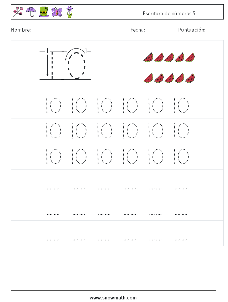 Escritura de números 5 Hojas de trabajo de matemáticas 7