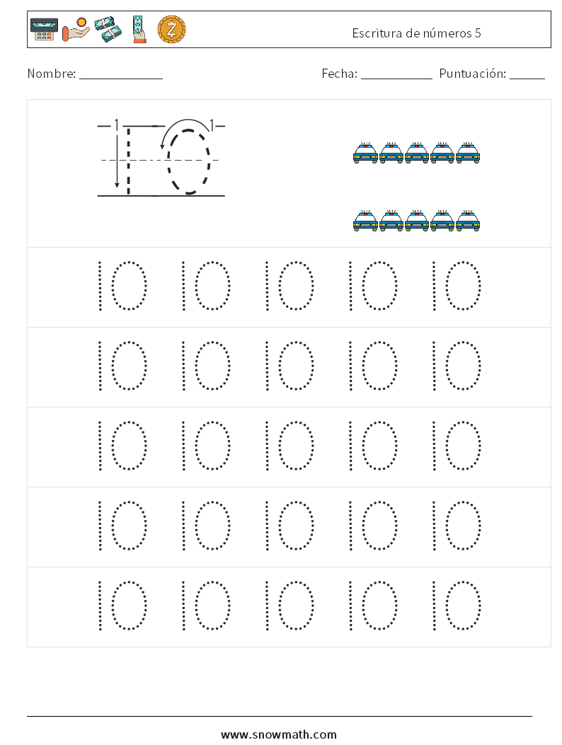 Escritura de números 5 Hojas de trabajo de matemáticas 9