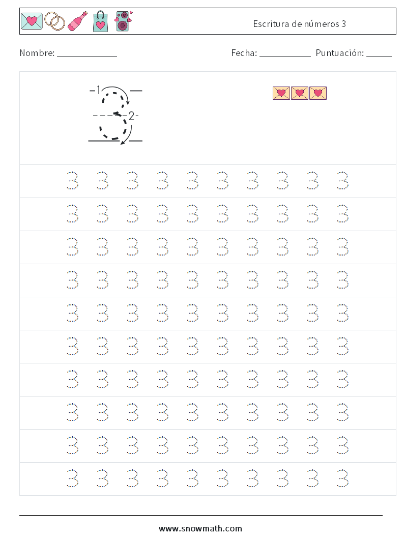Escritura de números 3 Hojas de trabajo de matemáticas 1