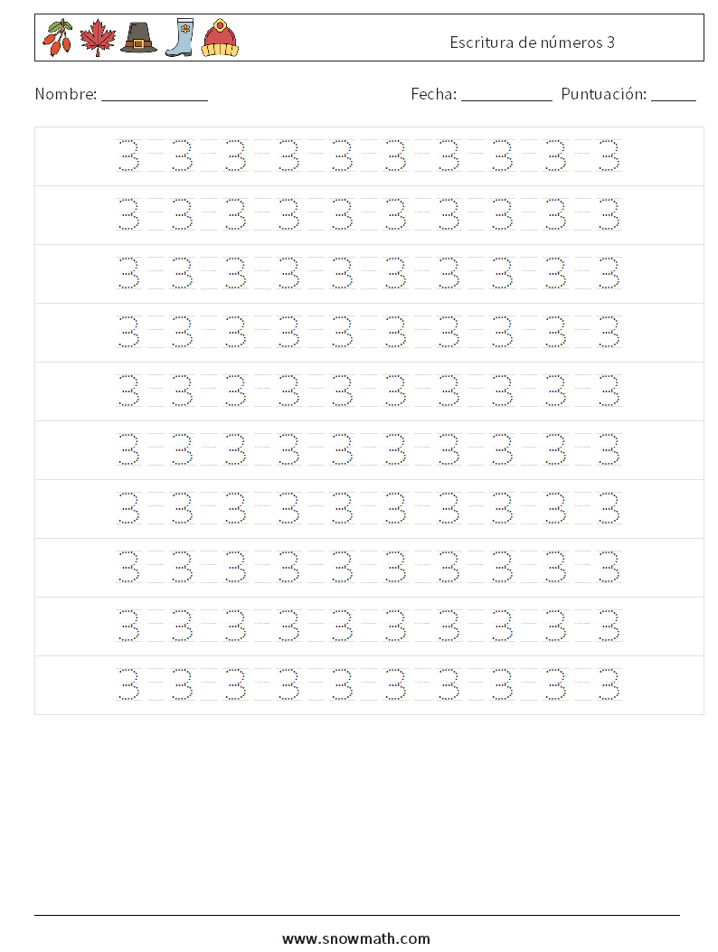 Escritura de números 3 Hojas de trabajo de matemáticas 14