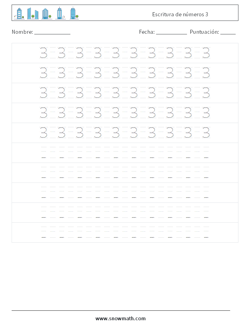 Escritura de números 3 Hojas de trabajo de matemáticas 16