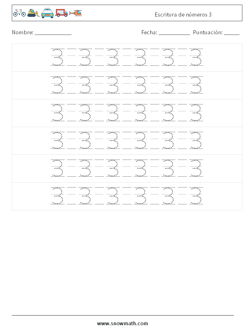 Escritura de números 3 Hojas de trabajo de matemáticas 18