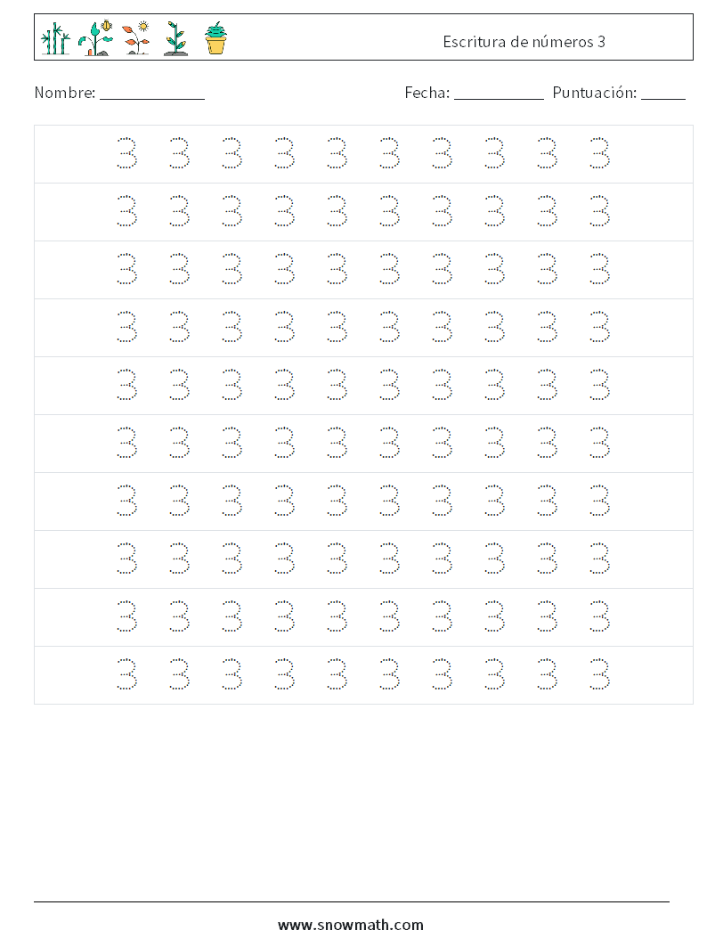 Escritura de números 3 Hojas de trabajo de matemáticas 2