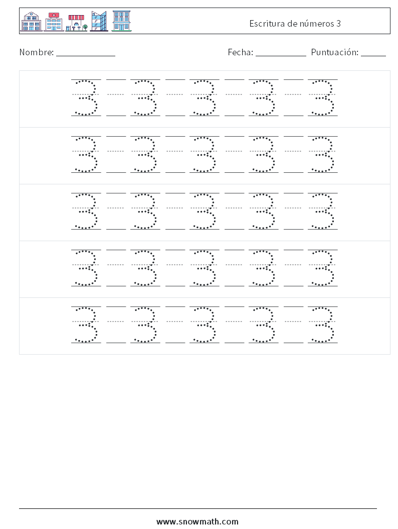 Escritura de números 3 Hojas de trabajo de matemáticas 22