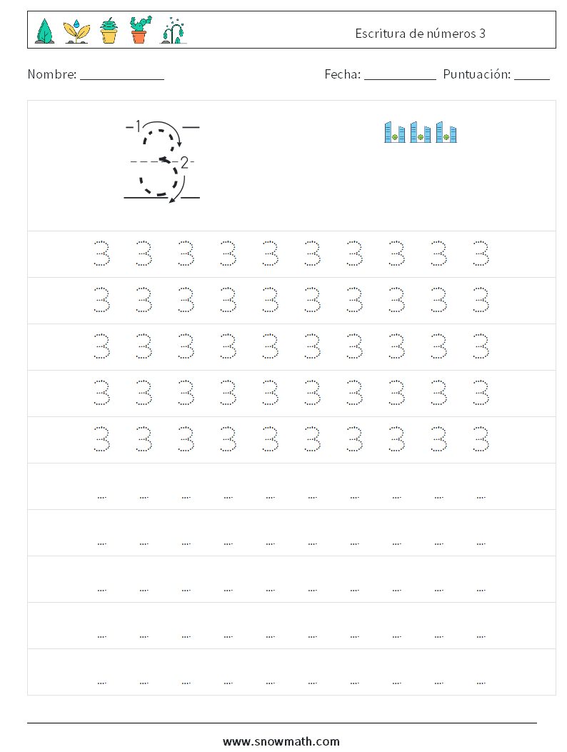 Escritura de números 3 Hojas de trabajo de matemáticas 3