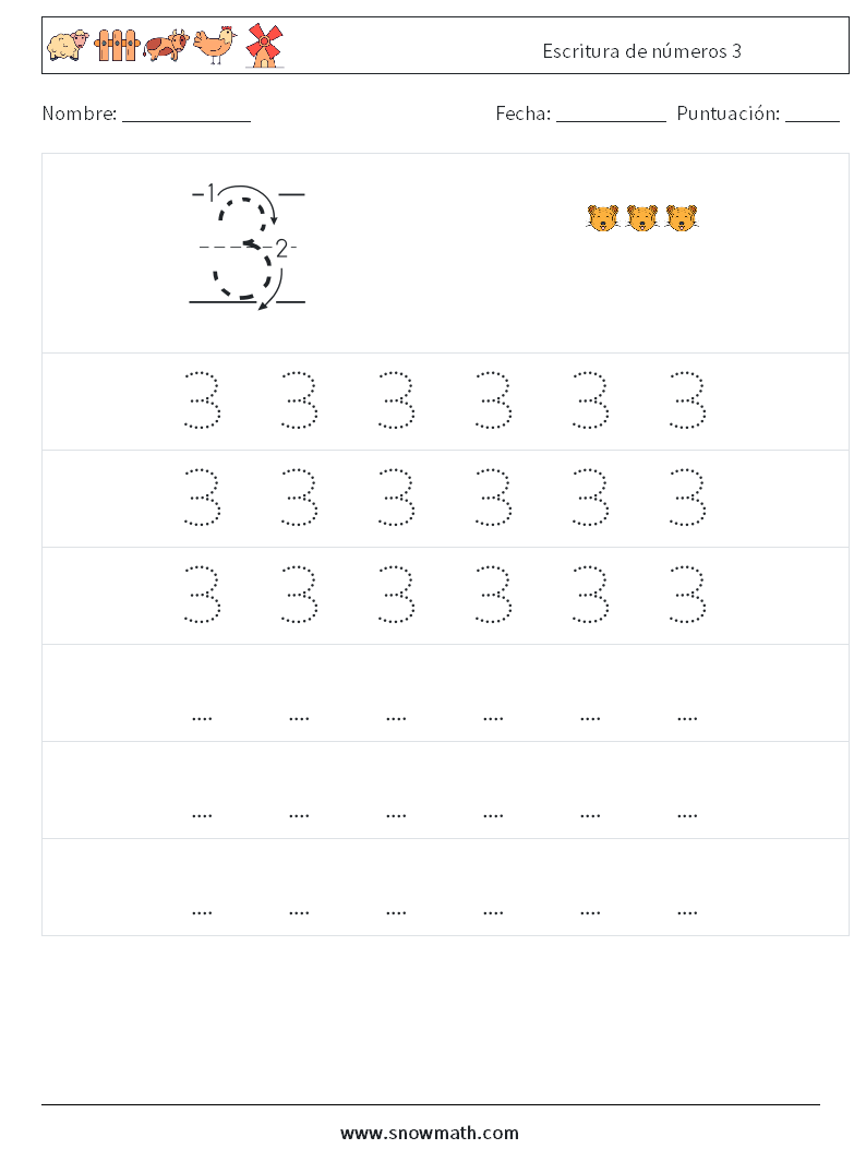 Escritura de números 3 Hojas de trabajo de matemáticas 7