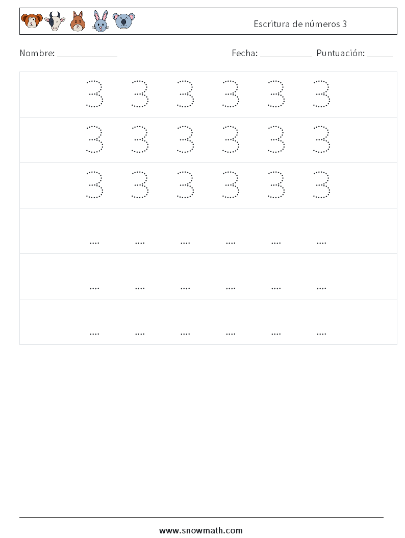 Escritura de números 3 Hojas de trabajo de matemáticas 8