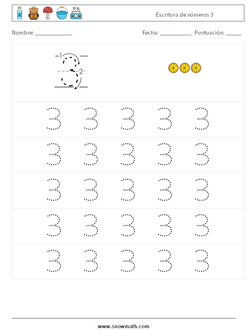 Escritura de números 3 Hojas de trabajo de matemáticas 9