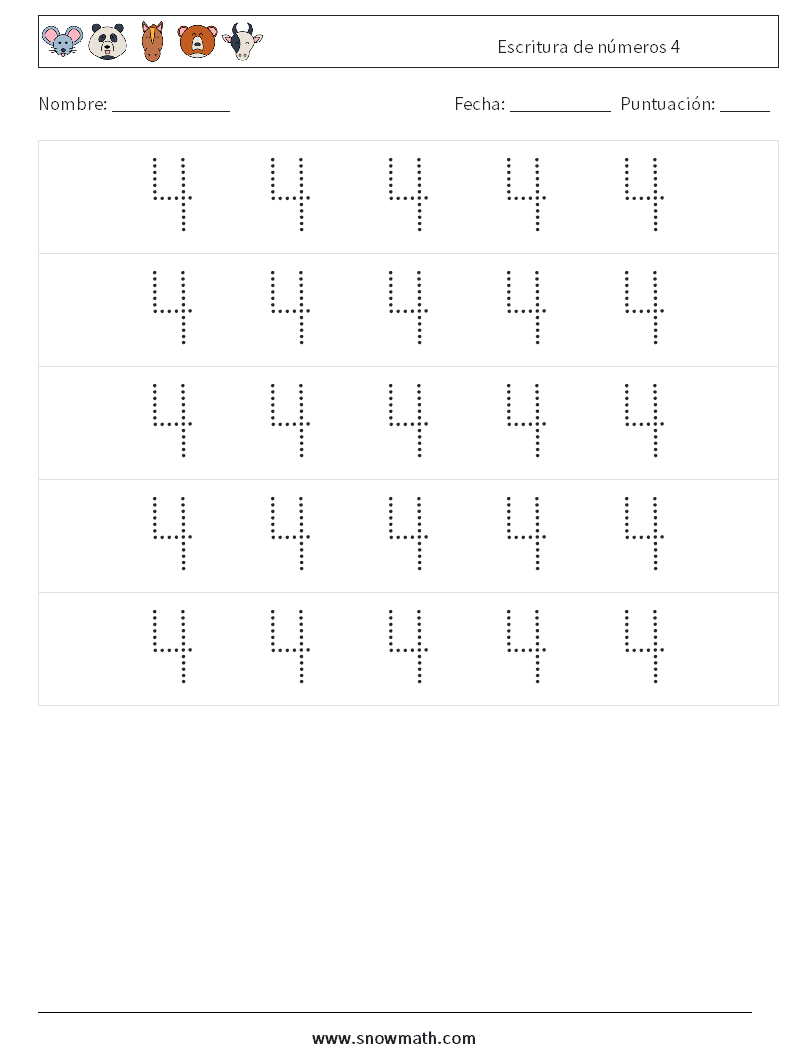 Escritura de números 4 Hojas de trabajo de matemáticas 10