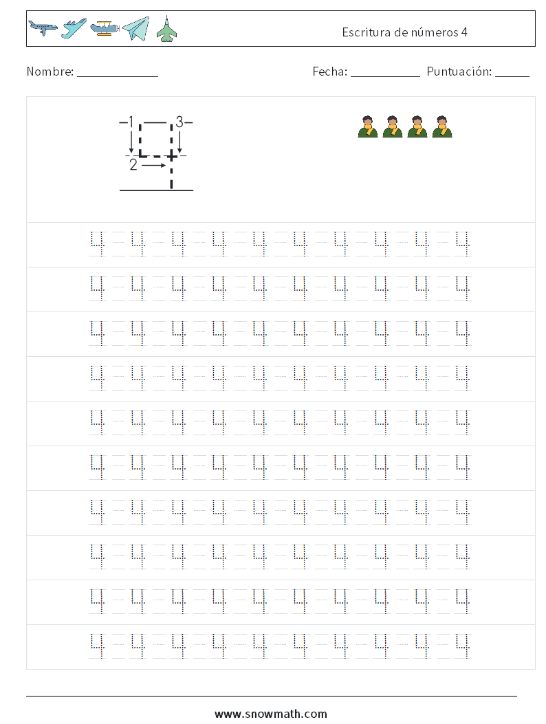 Escritura de números 4 Hojas de trabajo de matemáticas 13