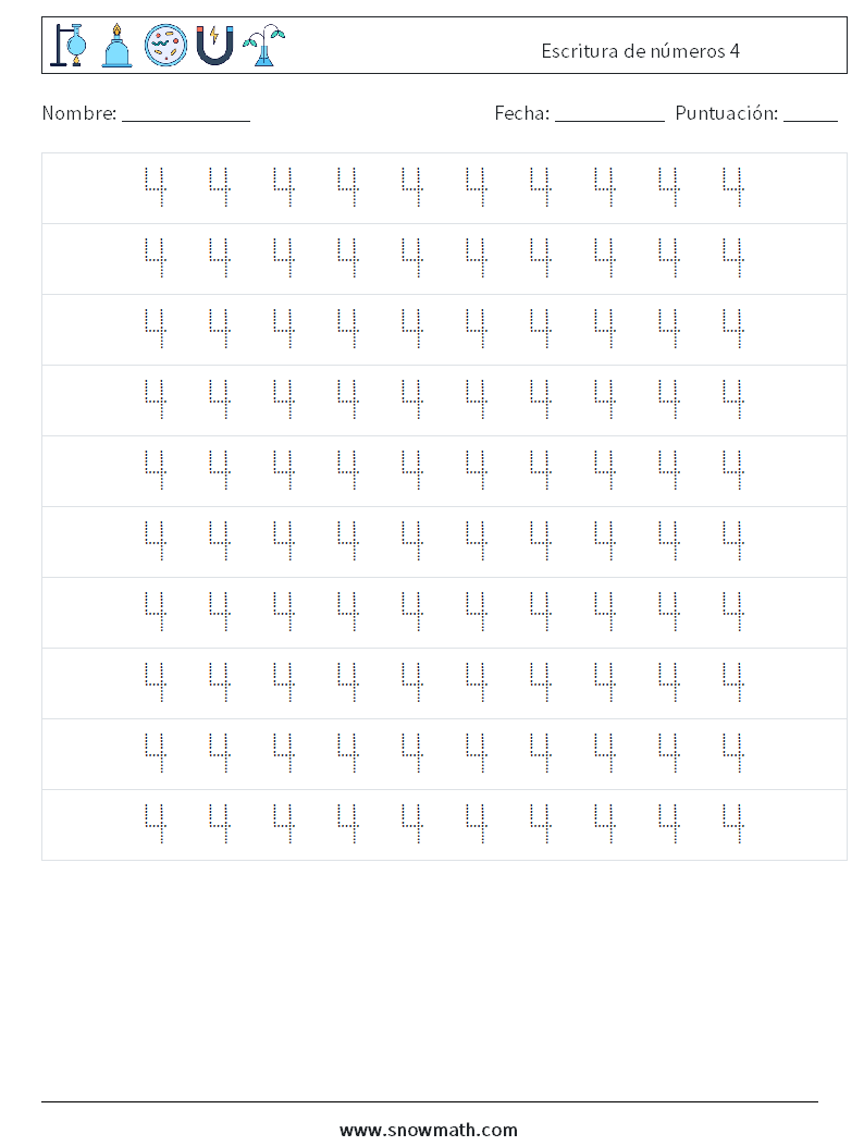 Escritura de números 4 Hojas de trabajo de matemáticas 2