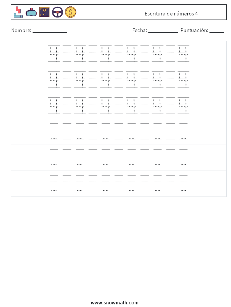 Escritura de números 4 Hojas de trabajo de matemáticas 20