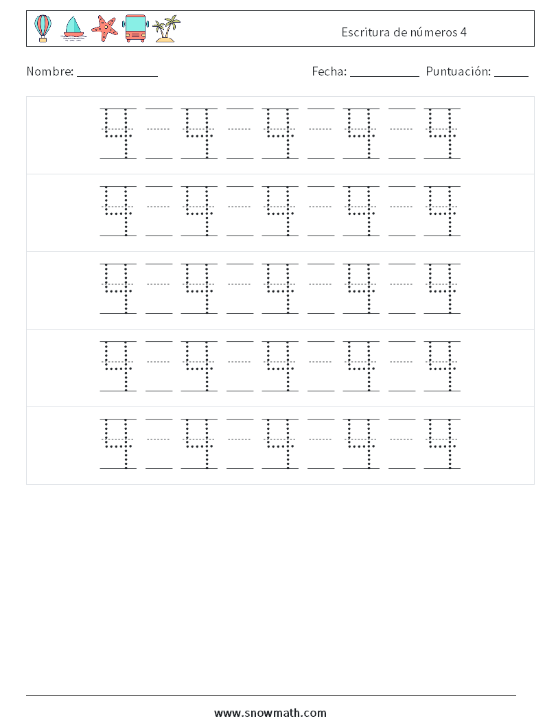 Escritura de números 4 Hojas de trabajo de matemáticas 22