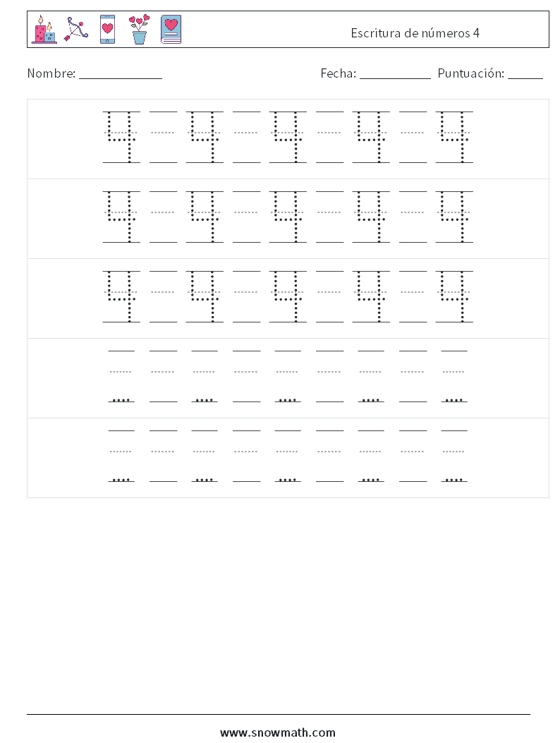 Escritura de números 4 Hojas de trabajo de matemáticas 24