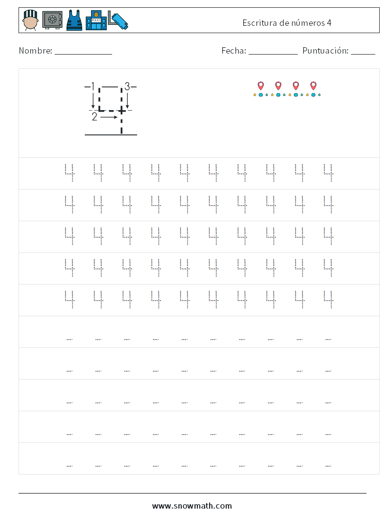 Escritura de números 4 Hojas de trabajo de matemáticas 3