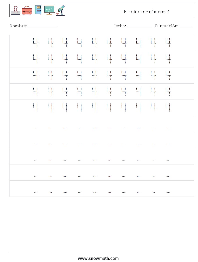Escritura de números 4 Hojas de trabajo de matemáticas 4