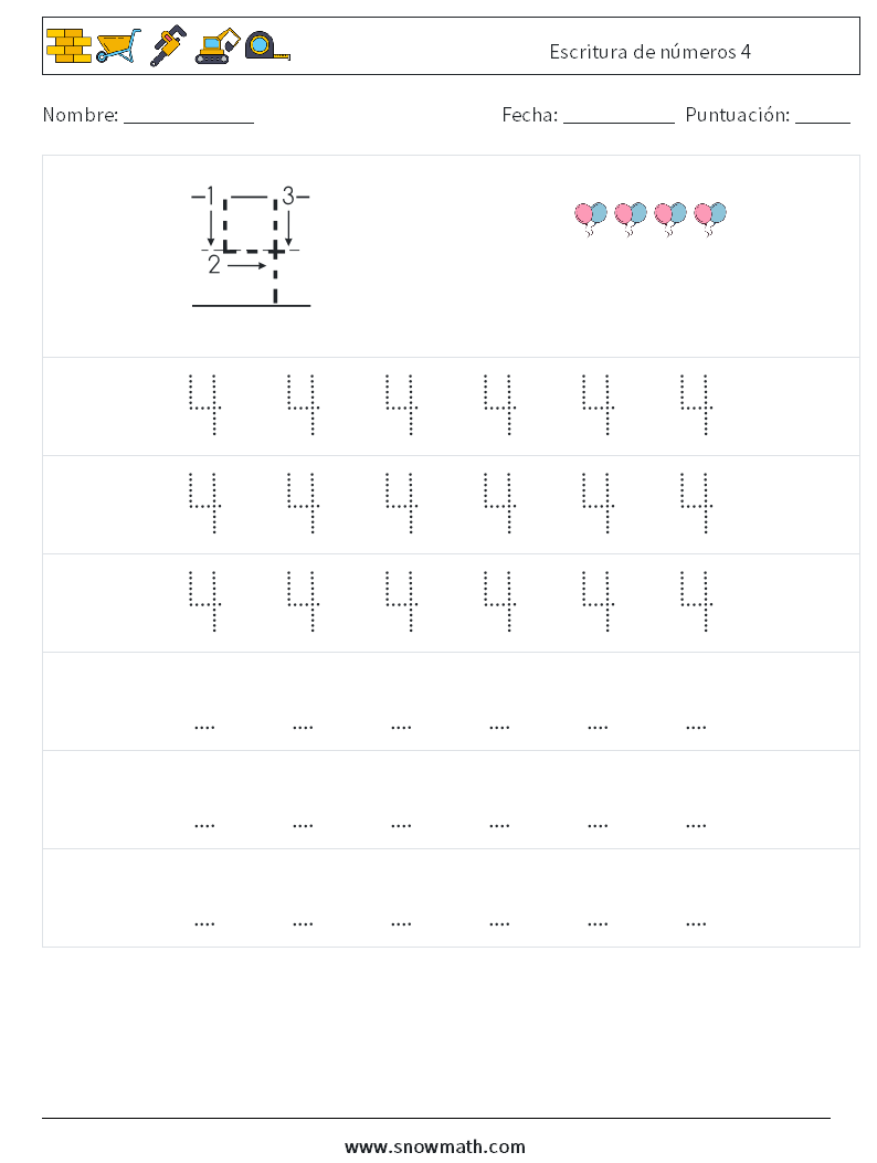 Escritura de números 4 Hojas de trabajo de matemáticas 7