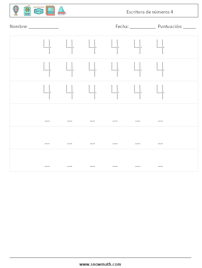 Escritura de números 4 Hojas de trabajo de matemáticas 8
