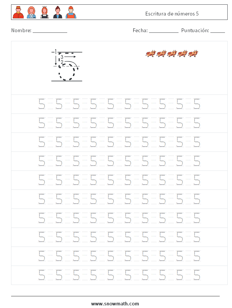 Escritura de números 5 Hojas de trabajo de matemáticas 13